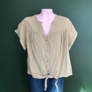 Sharagano linen blend tan short sleeve blouse button front tie front large